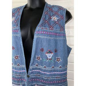 VTG Koret City Blues Sz PLUS 22W Embroidered Denim Vest Star Appliqué Cotton EUC